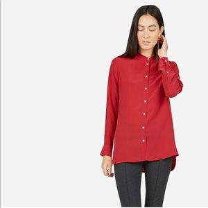 Red relaxed silk collarless shirt